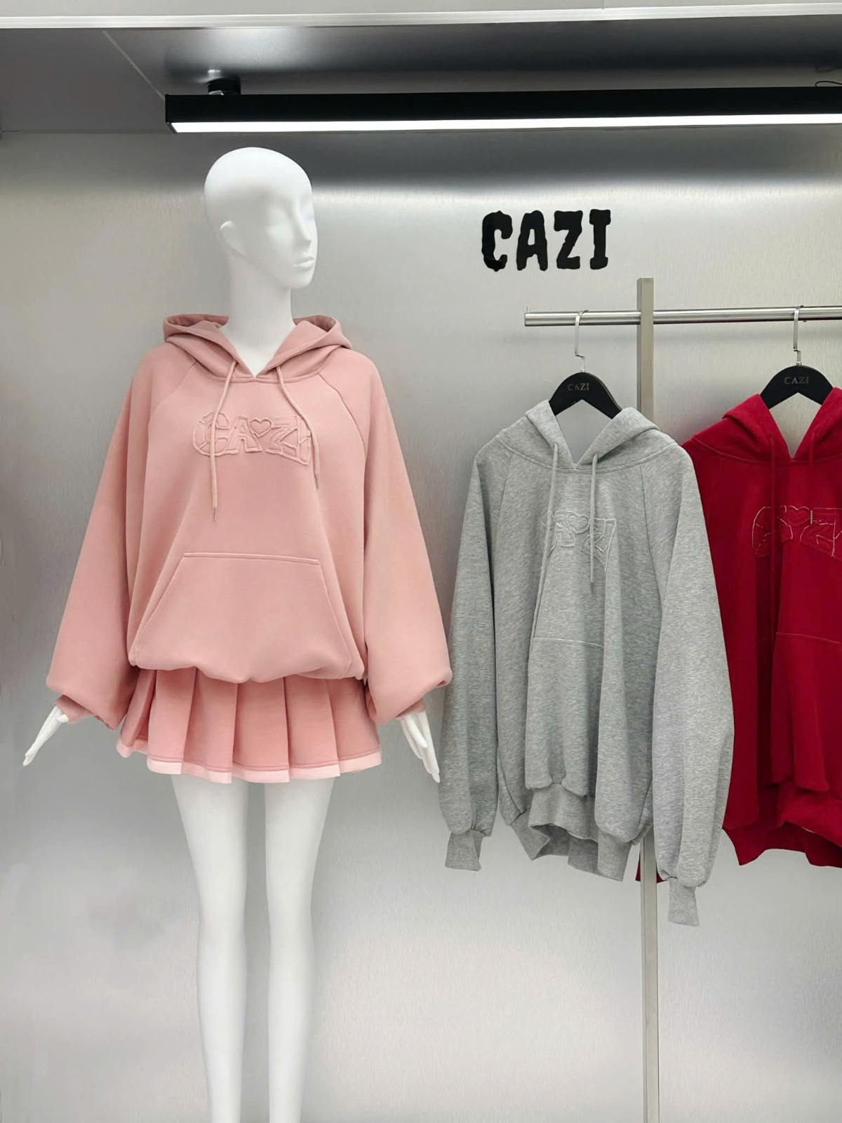 Thanh lý Pass áo Cazi hoodie hồng pastel dáng suông phối chữ nổi xinh xắn - ảnh 2