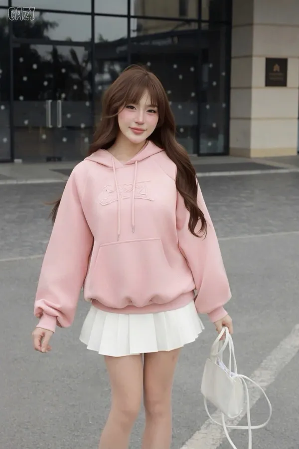 Pass áo Cazi hoodie hồng pastel dáng suông phối chữ nổi xinh xắn