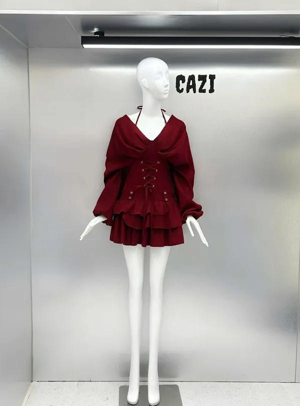 Pass váy Cazi đỏ tay dài dây đan eo cá tính 
