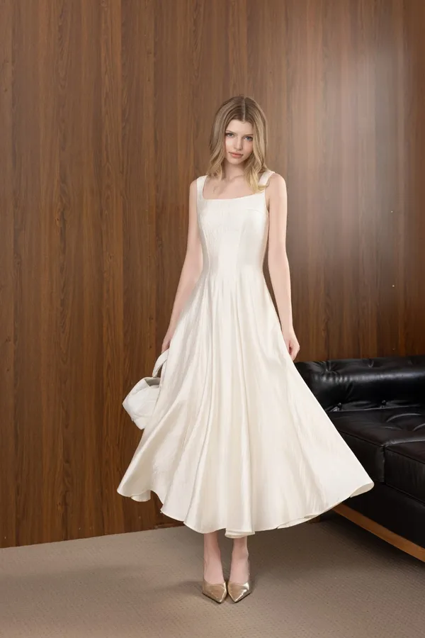 Pass váy midi trắng dáng xòe tiểu thư sang trọng Aura Atelier