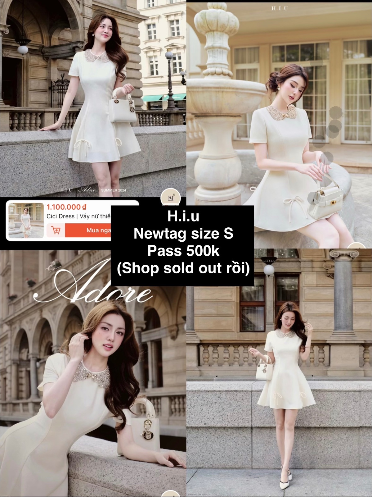 Thanh lý Pass đầm H.I.U newtag xoè tay ngắn phối cổ đính đá màu kem - Size S - ảnh 2