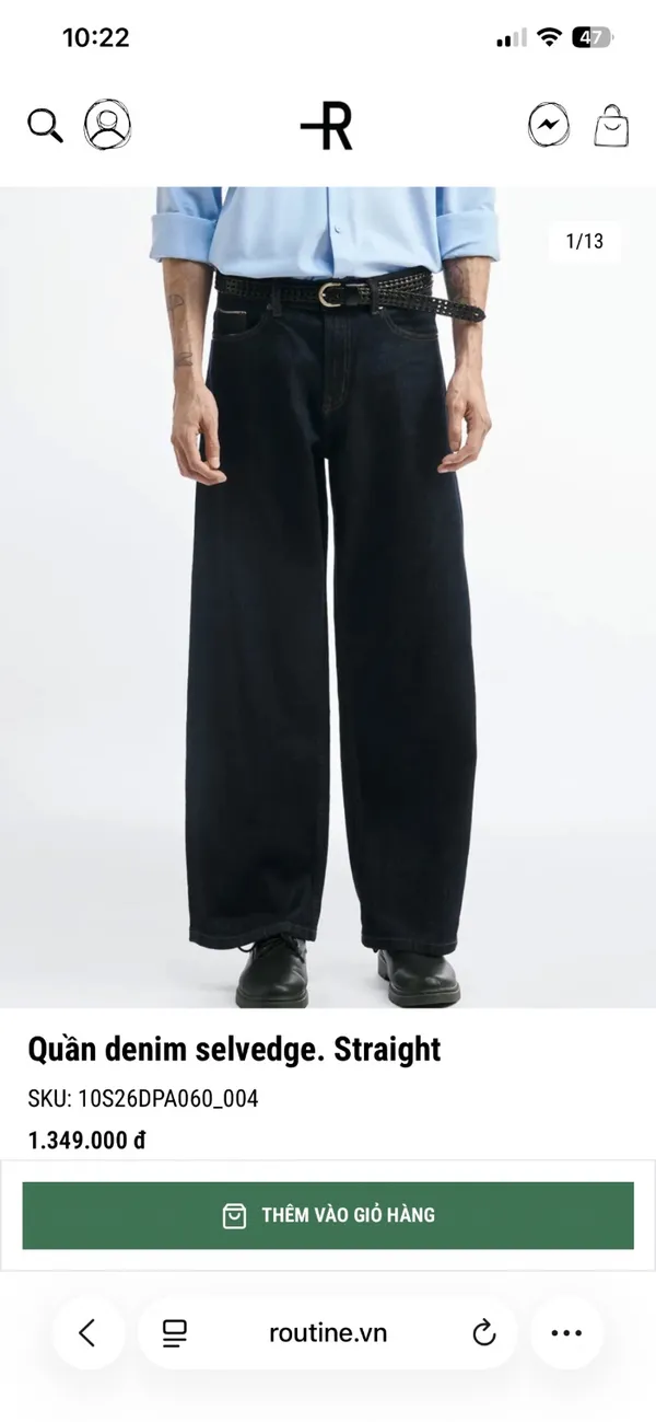 Pass quần nam jeans Routine denim suông màu đen