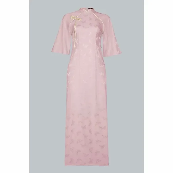 Pass áo dài JM Dress cách tân màu hồng pastel họa tiết bướm xinh xắn
