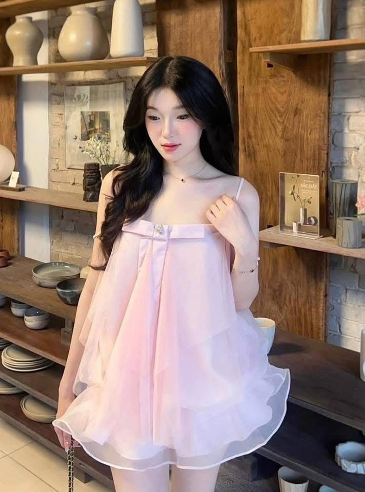 Thanh lý Pass đầm Aguja babydoll hai dây xếp tầng màu hồng pastel - ảnh 1