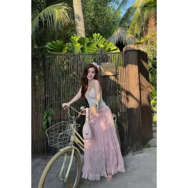 Pass 2S váy maxi hồng pastel dáng xòe tiểu thư dịu dàng