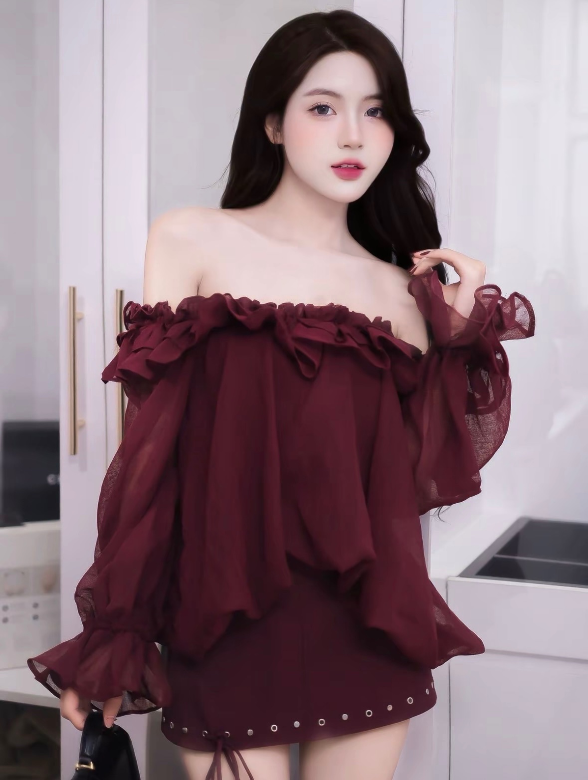 Thanh lý Pass set Trang Baly áo trễ vai + chân váy sang chảnh - ảnh 1
