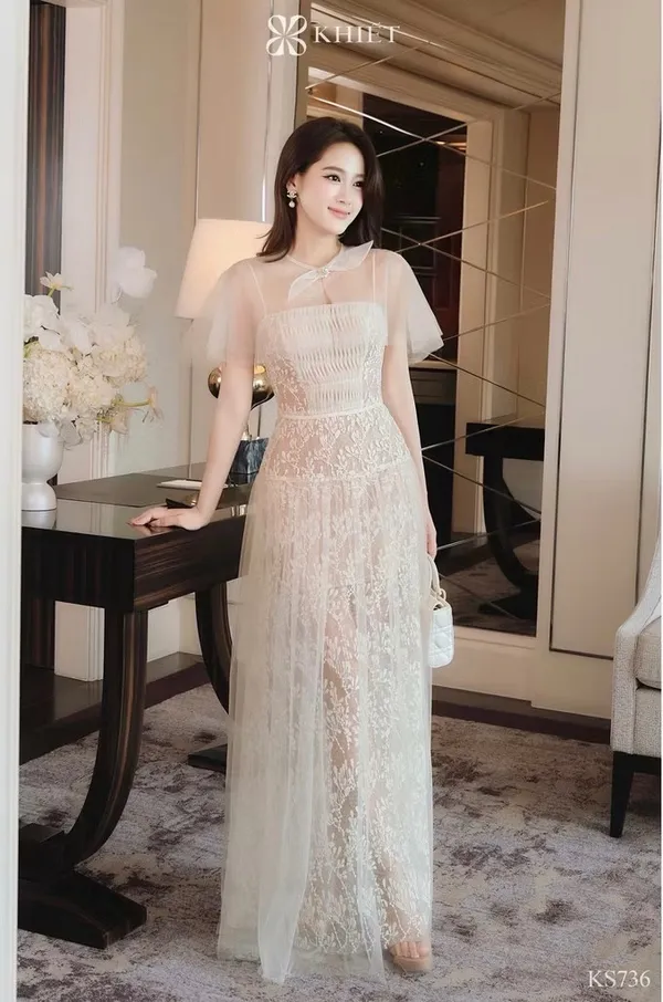 Pass đầm maxi phối ren dáng dài thướt tha màu trắng kem - Khiết