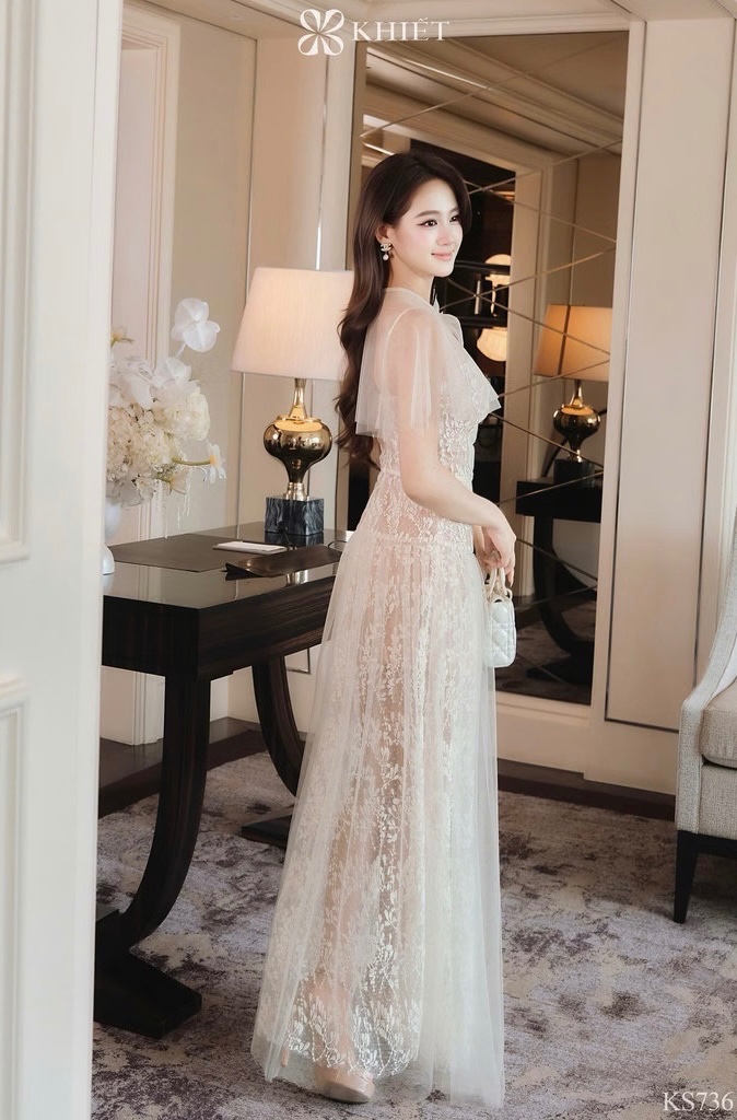 Thanh lý Pass đầm maxi phối ren dáng dài thướt tha màu trắng kem - Khiết - ảnh 3