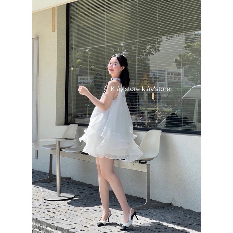 Thanh lý Pass váy yếm trắng dáng xòe phối nơ đen tiểu thư xinh xắn - ảnh 3