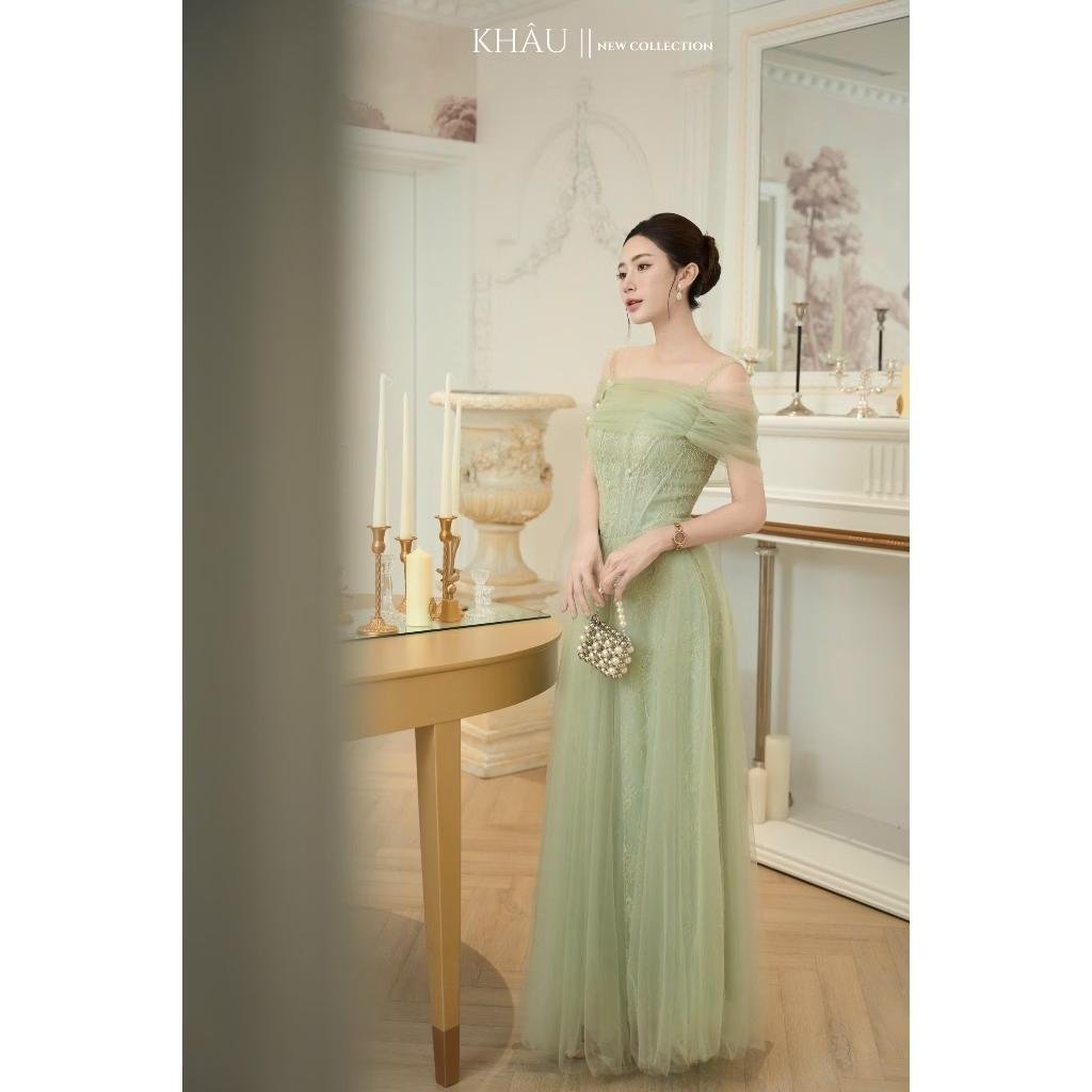 Thanh lý Pass đầm dạ hội trễ vai dáng dài xếp ly màu xanh bơ - Khâu - ảnh 2
