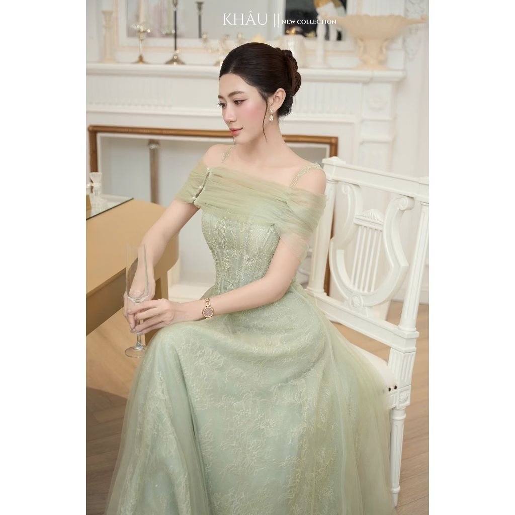 Thanh lý Pass đầm dạ hội trễ vai dáng dài xếp ly màu xanh bơ - Khâu - ảnh 4