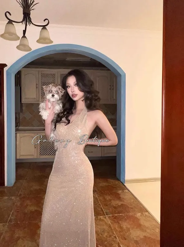 Pass váy Galaxy dài ôm màu nude lấp lánh sang trọng