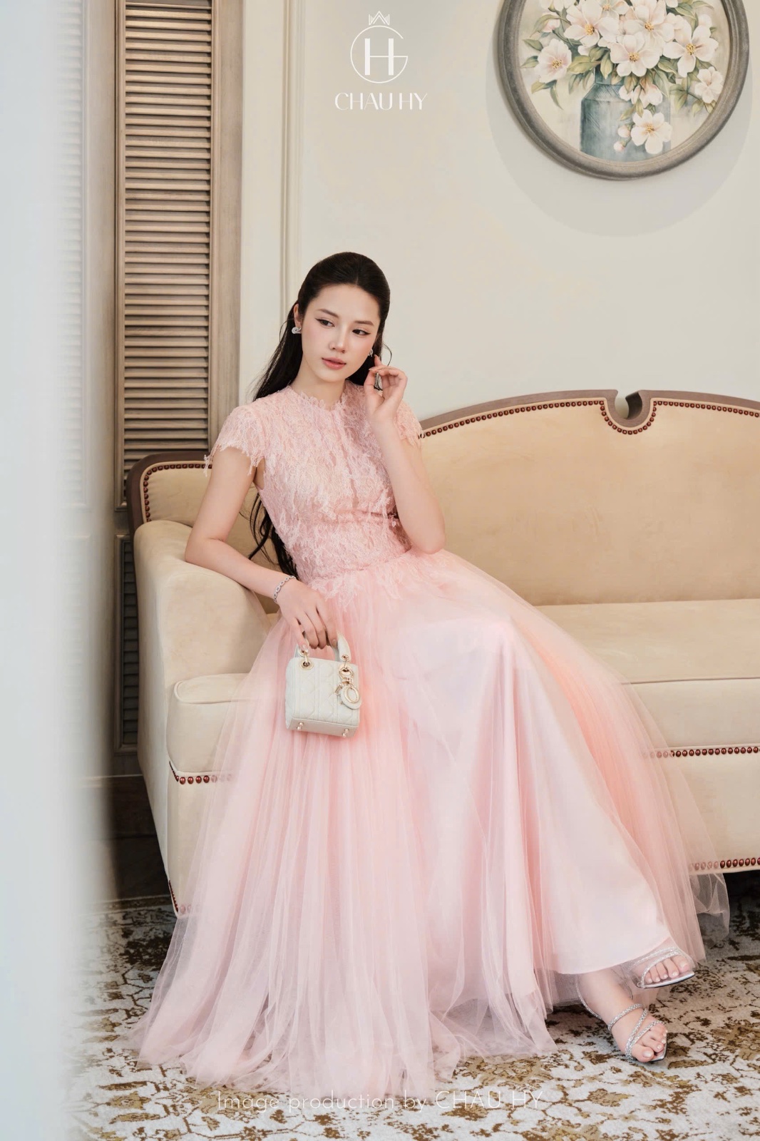 Thanh lý Pass váy dạ hội Châu Hy new 99% dáng dài màu hồng pastel phối ren tinh tế - ảnh 2