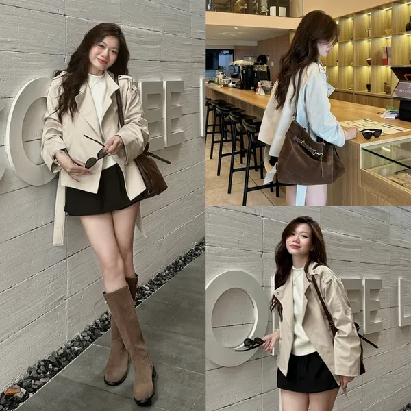 Pass áo khoác blazer dáng lửng màu kem thanh lịch, chất vải đứng form