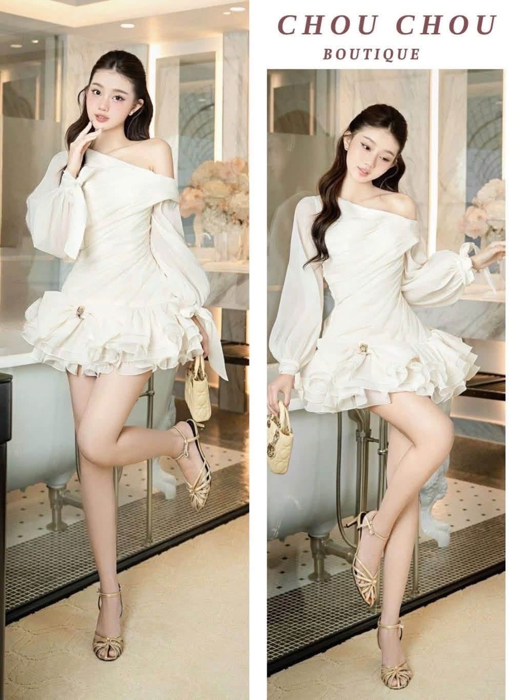 Thanh lý Pass đầm tay dài ChouChou trắng lệch vai - ảnh 1