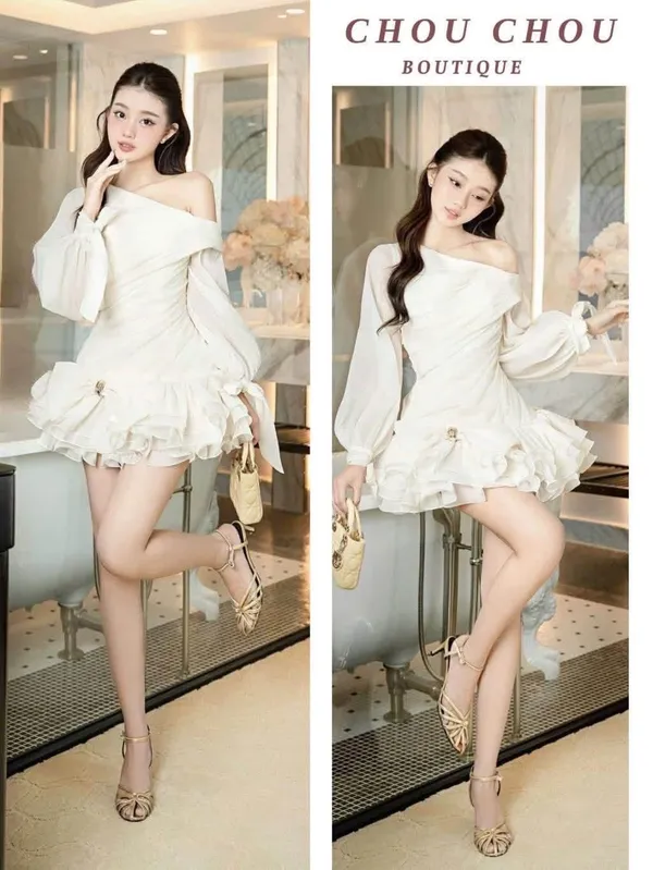 Pass đầm tay dài ChouChou trắng lệch vai