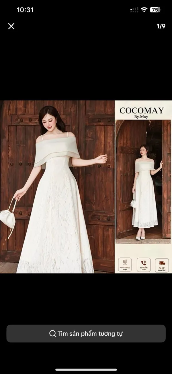 Pass đầm maxi trễ vai dáng xòe màu trắng kem sang trọng - coco may