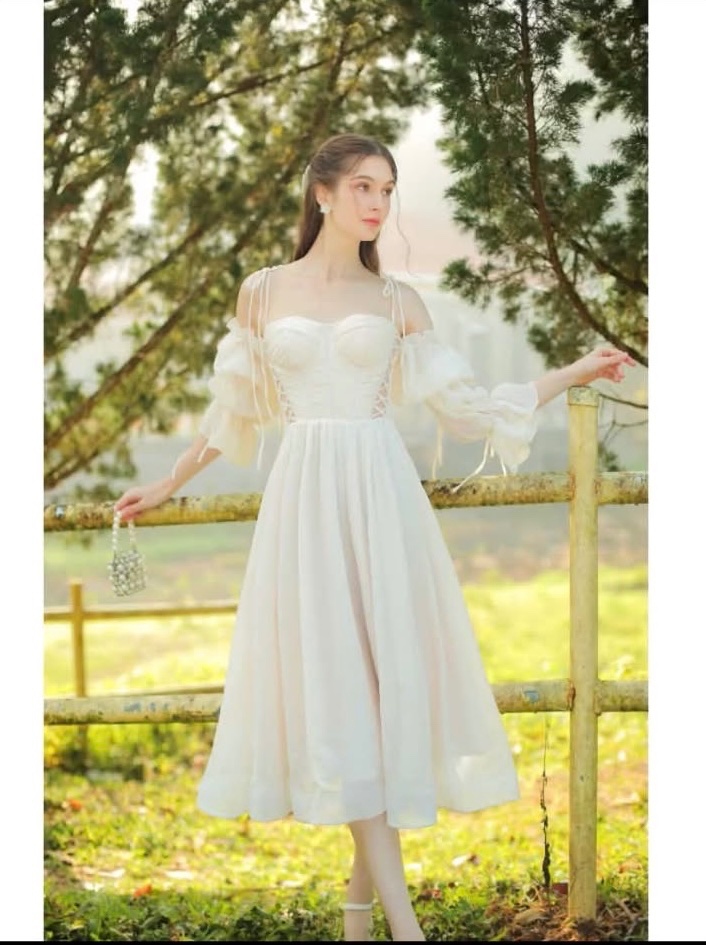 Thanh lý Pass váy midi Sò Vintage trắng trễ vai nhẹ nhàng - ảnh 1