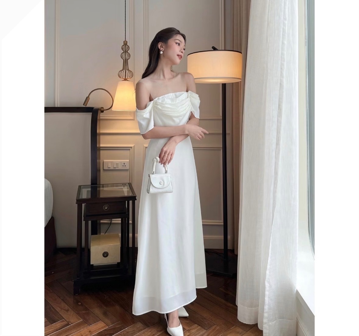 Thanh lý Pass váy trắng trễ vai dáng dài thanh lịch BB’Store - ảnh 2