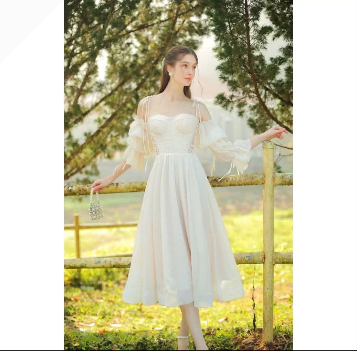 Thanh lý Pass váy midi Sò Vintage trắng trễ vai nhẹ nhàng - ảnh 3