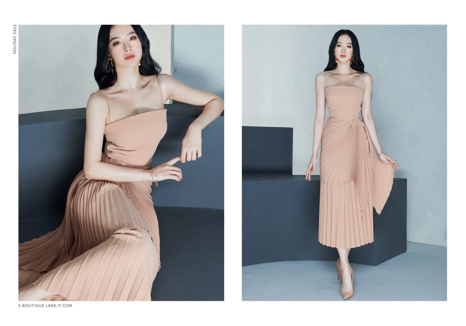 Thanh lý Pass váy Lane Jt midi hai dây màu nude xếp ly - ảnh 1