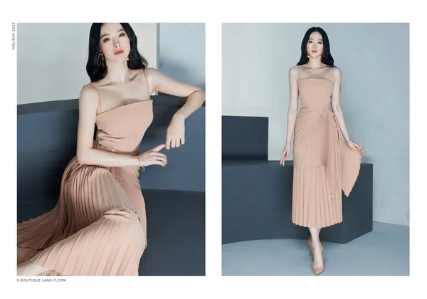 Pass váy Lane Jt midi hai dây màu nude xếp ly