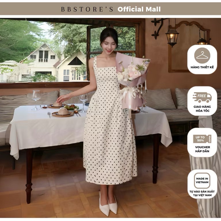 Thanh lý Pass đầm BBSTORE’S midi chấm bi cổ vuông - ảnh 2