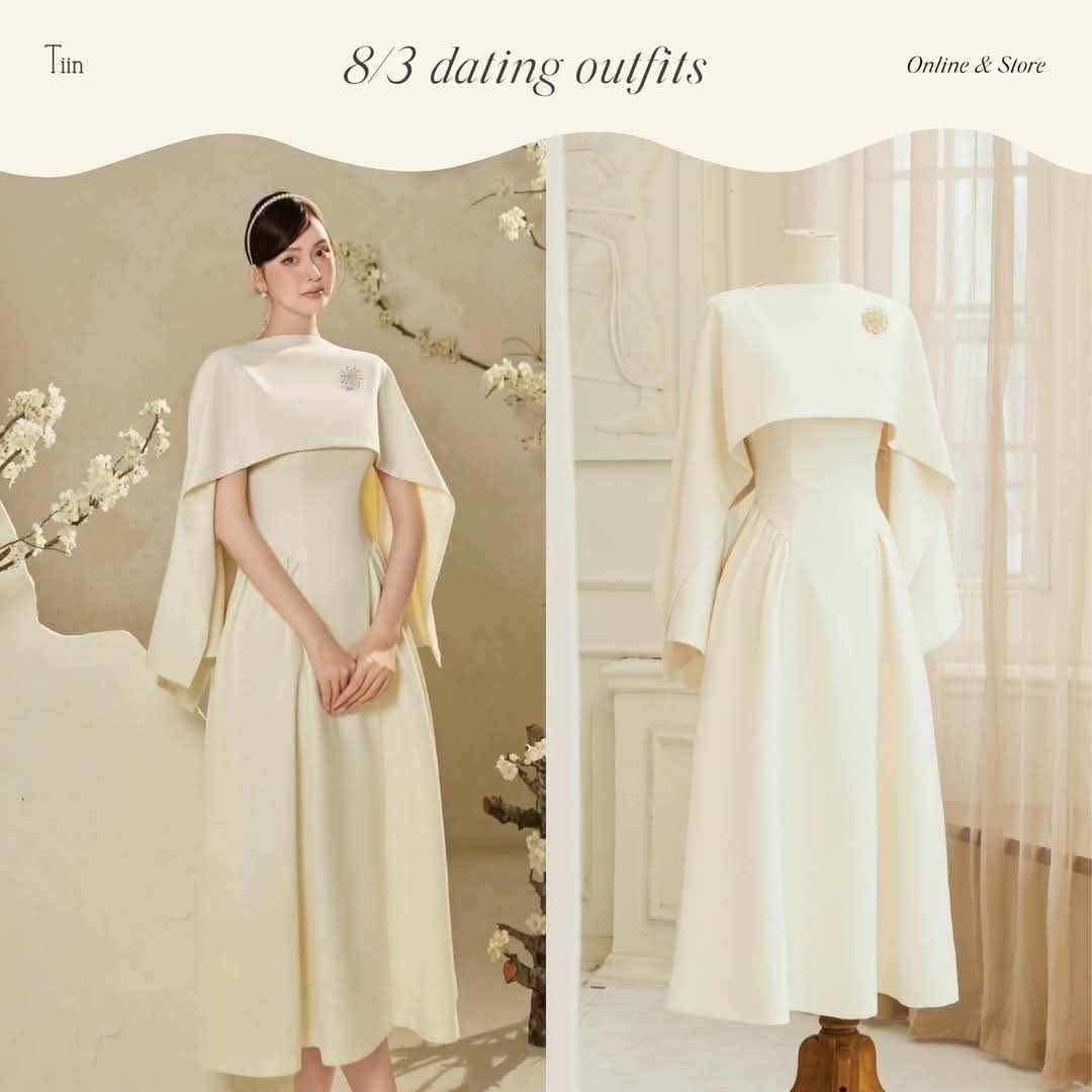 Thanh lý Pass set đầm Tiin màu kem thanh lịch kèm choàng - ảnh 1