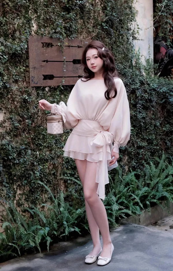 Pass đầm dáng ngắn phối nơ eo màu kem kín đáo Size L