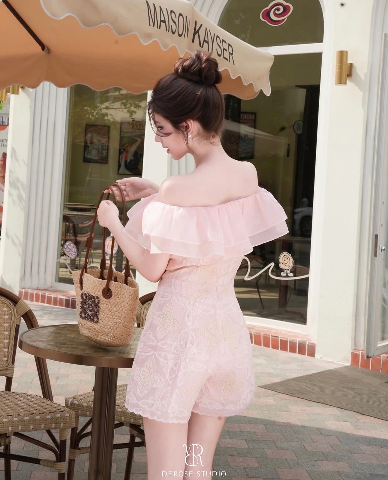 Thanh lý Pass jumpsuit brand DEROSE hồng pastel trễ vai phối bèo nhún tiểu thư Size S - ảnh 4