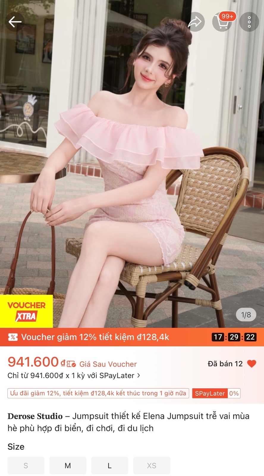 Thanh lý Pass jumpsuit brand DEROSE hồng pastel trễ vai phối bèo nhún tiểu thư Size S - ảnh 6