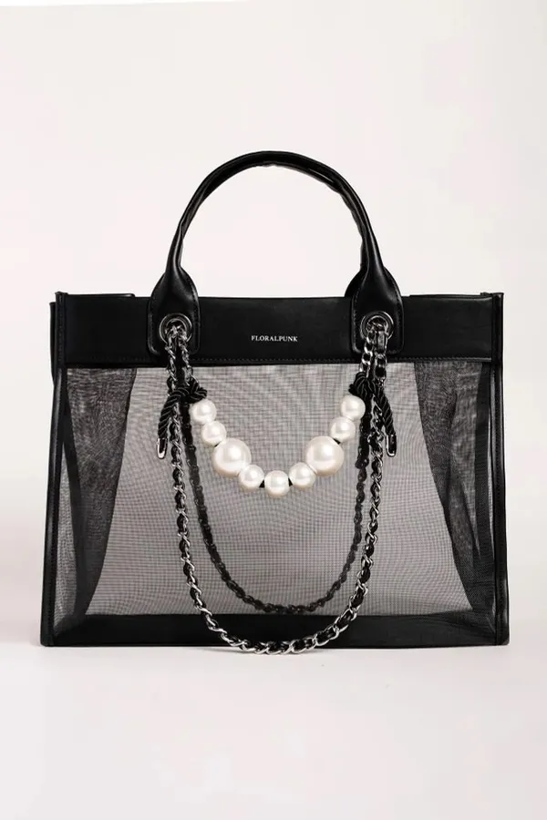 Pass túi tote Floralpunk phối lưới và ngọc trai màu đen - Floralpunk