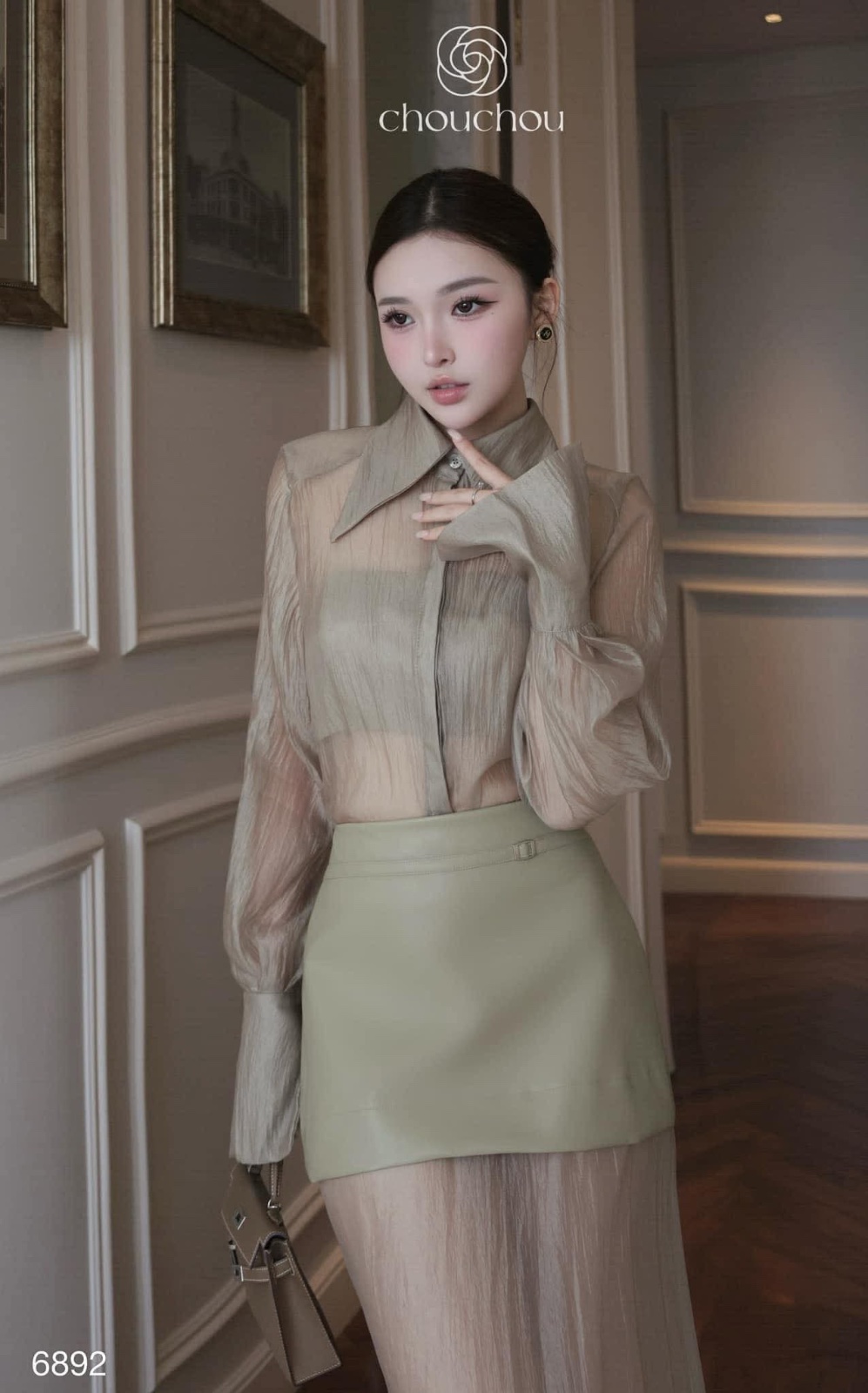 Thanh lý Pass set ChouChou áo sơ mi xuyên thấu + chân váy màu xanh rêu sang trọng size S - ảnh 1