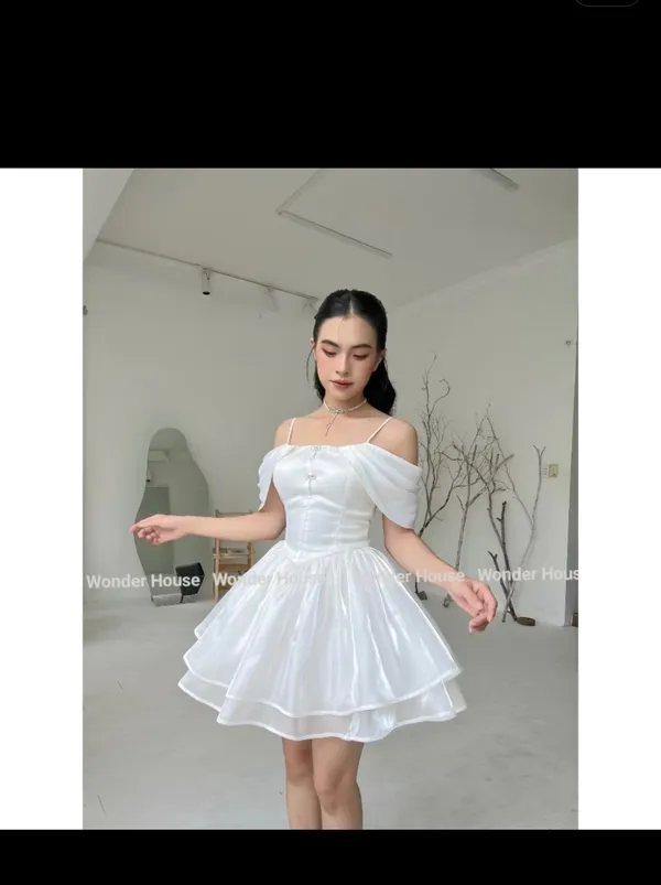 Pass váy Wonderhouse trắng tiểu thư trễ vai dáng xòe bồng bềnh xinh xắn