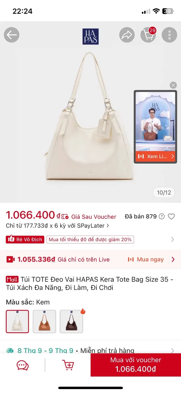 Pass túi tote HAPAS màu kem dáng hobo thanh lịch