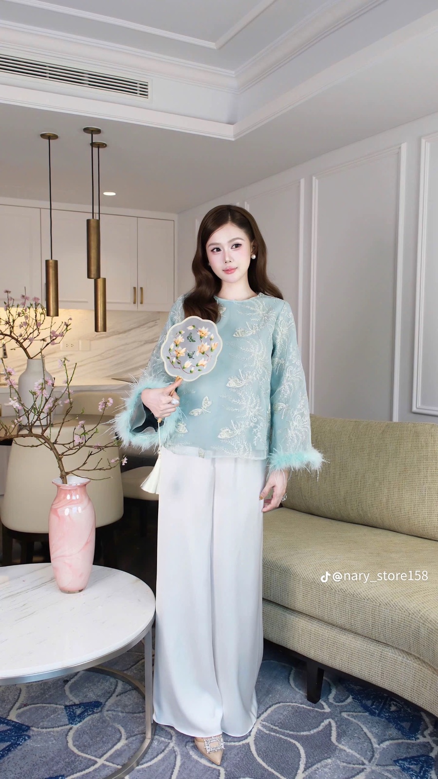 Thanh lý Pass set pháp phục màu xanh mint tay dài phối lông Nary - ảnh 1