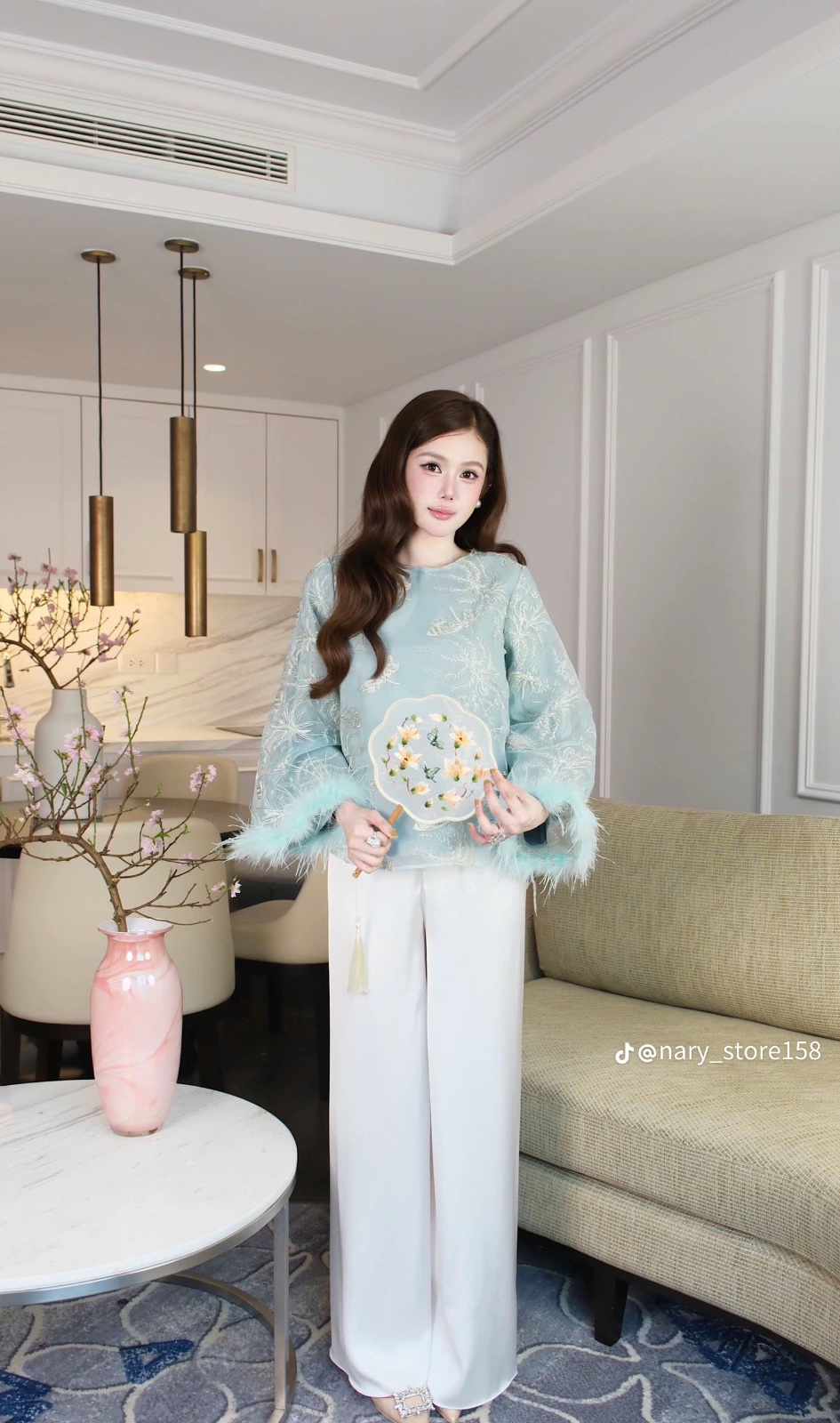 Thanh lý Pass set pháp phục màu xanh mint tay dài phối lông Nary - ảnh 3