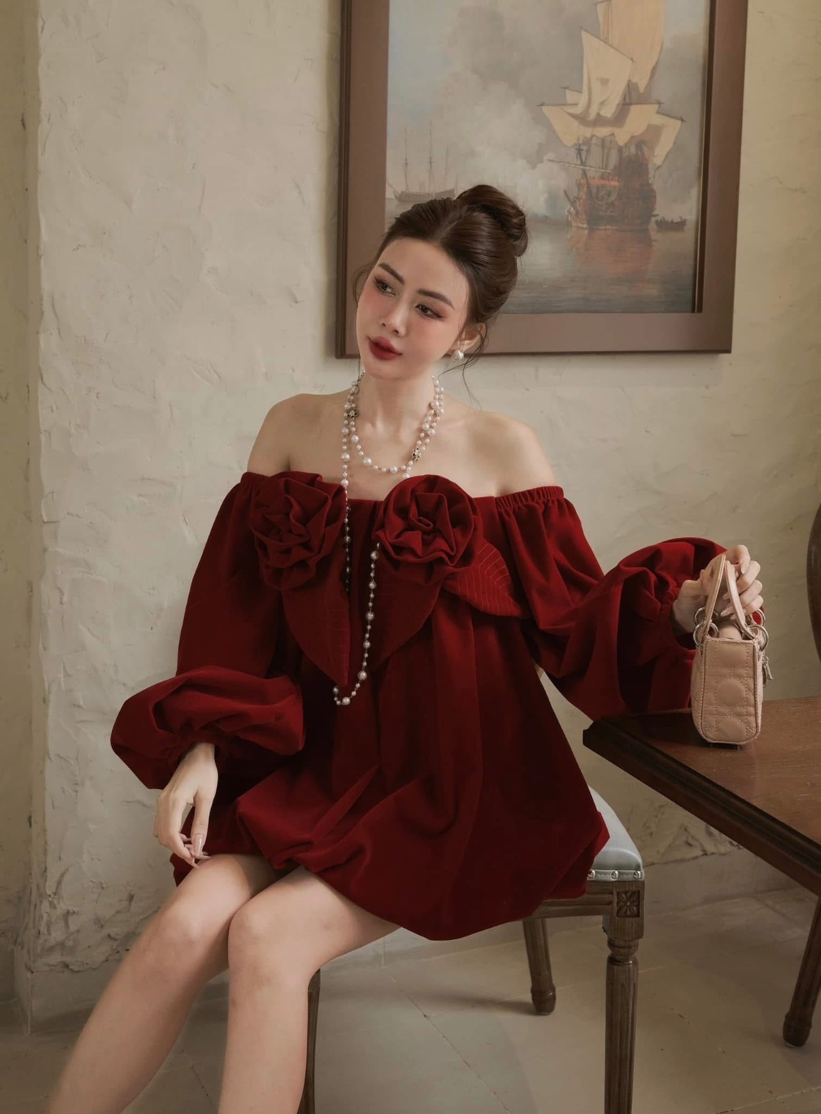 Thanh lý Pass áo babydoll trễ vai đỏ đô đính hoa ThuyVan Tran  - ảnh 5