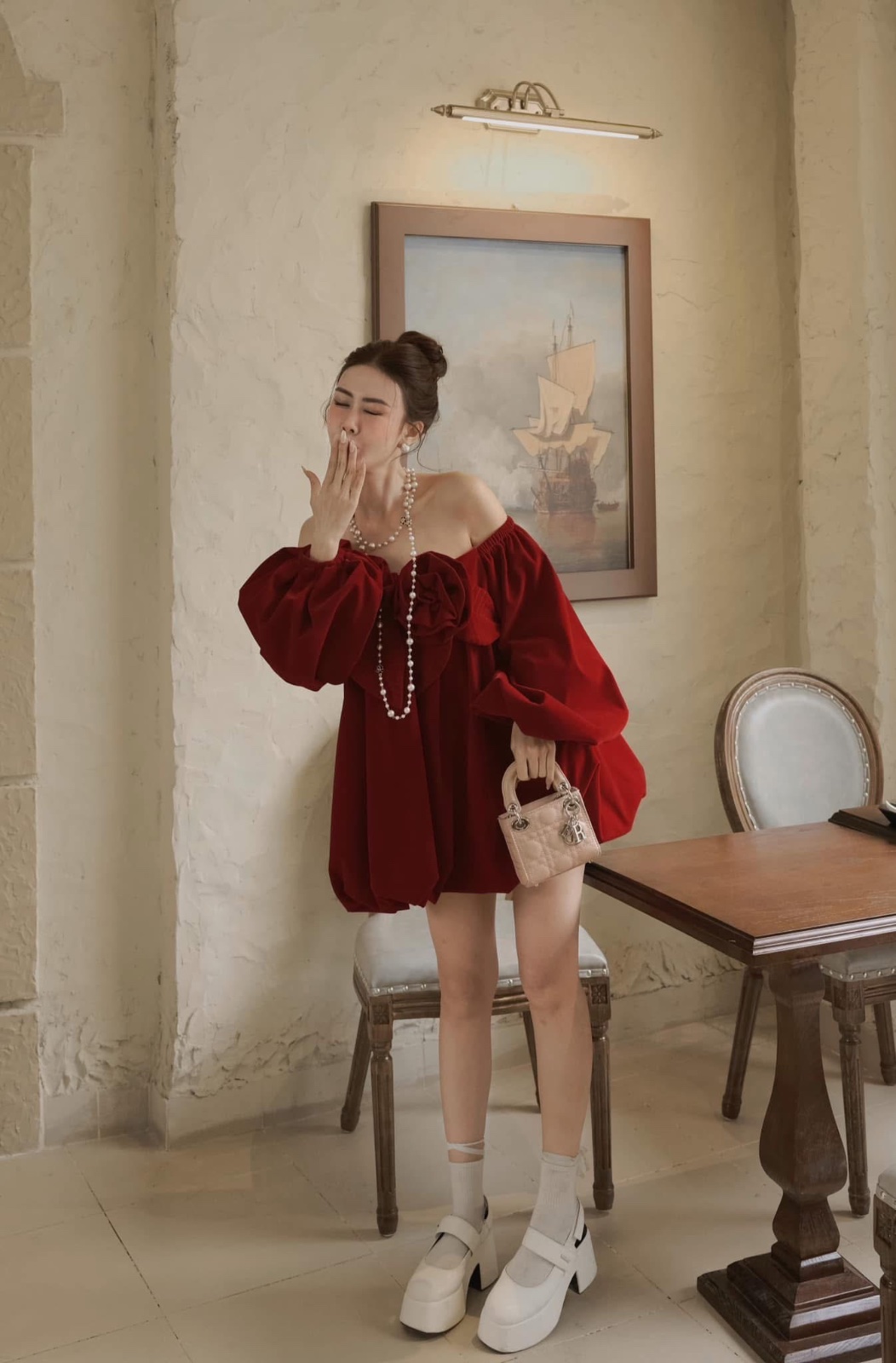 Thanh lý Pass áo babydoll trễ vai đỏ đô đính hoa ThuyVan Tran  - ảnh 3