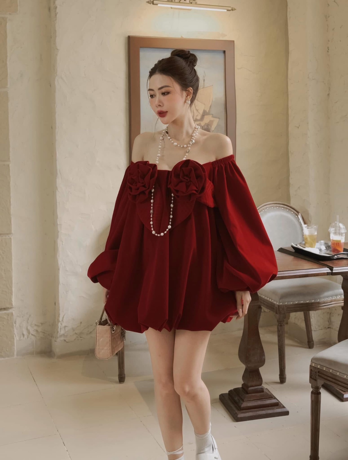 Thanh lý Pass áo babydoll trễ vai đỏ đô đính hoa ThuyVan Tran  - ảnh 4