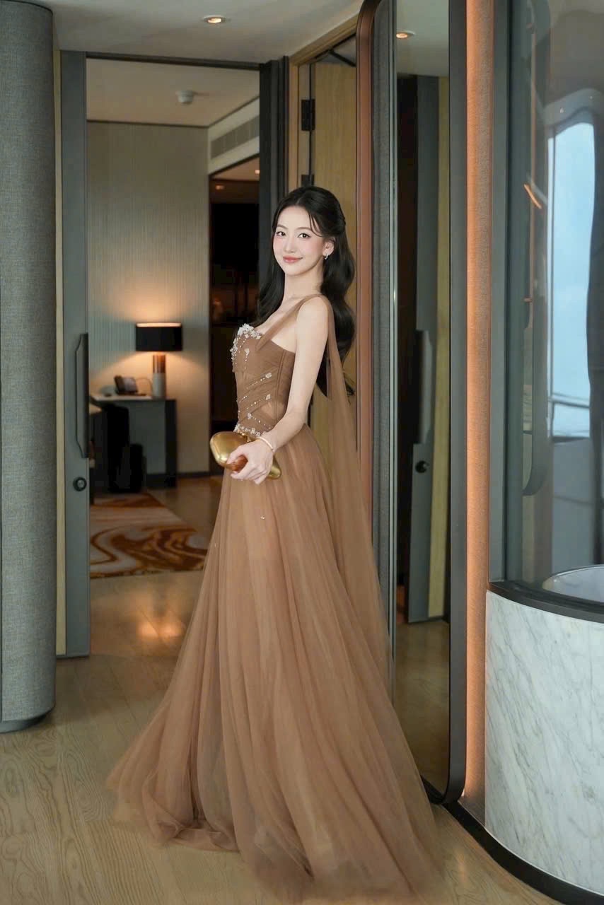 Thanh lý Pass đầm dạ hội dáng dài tone nâu đính đá sang trọng - ảnh 2