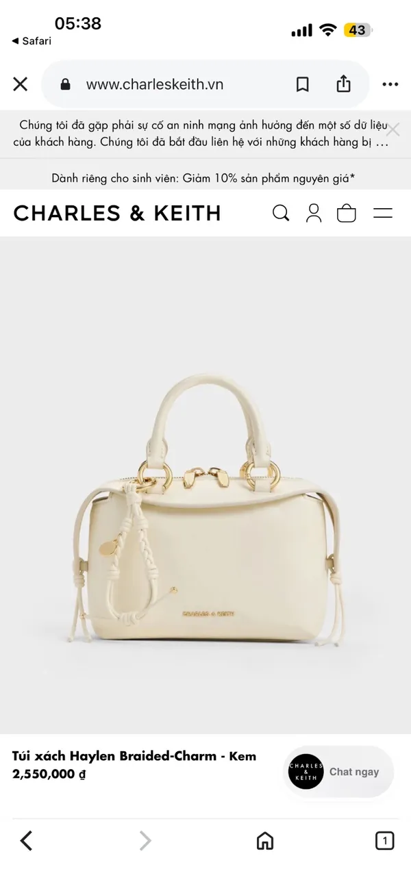 Pass Túi Cầm Tay Charles & Keith Màu Kem Sang Trọng Phối Nơ