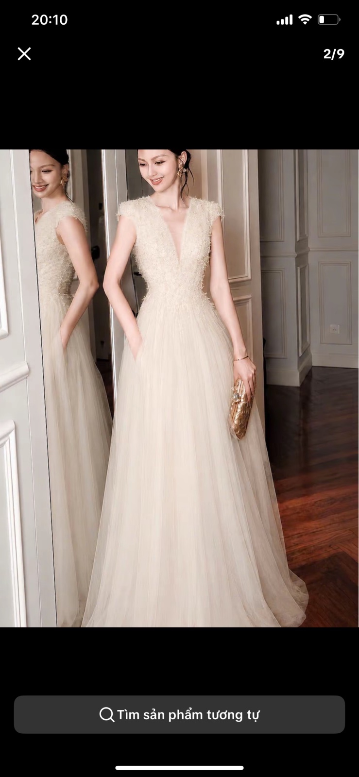 Thanh lý Pass đầm dài tay ngắn màu kem phối lông tà lưới xoè size S - QCCC - ảnh 1