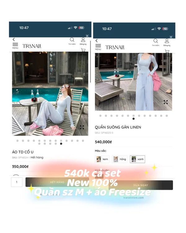 Pass set Trân Ali áo cổ U td và quần suông linen màu xanh