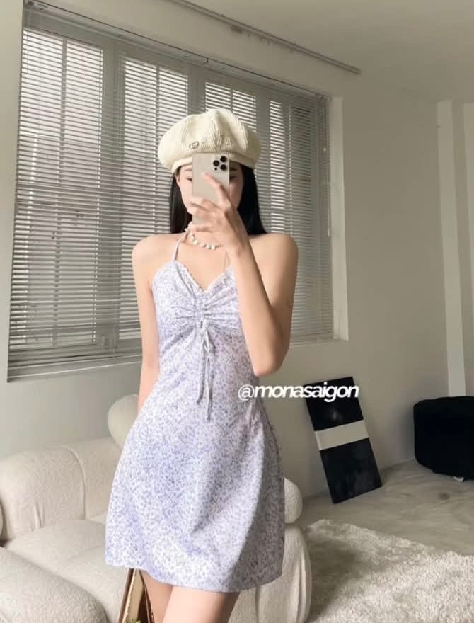 Thanh lý Pass váy yếm hoa nhí tím dáng ôm rút ngực - ảnh 2