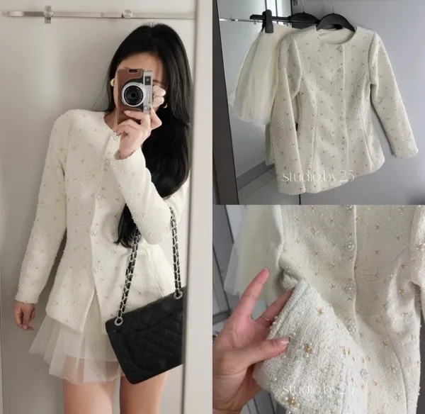 Pass set áo dạ tweed phối chân váy xòe màu trắng kem QCCC - About Moon - QCCC