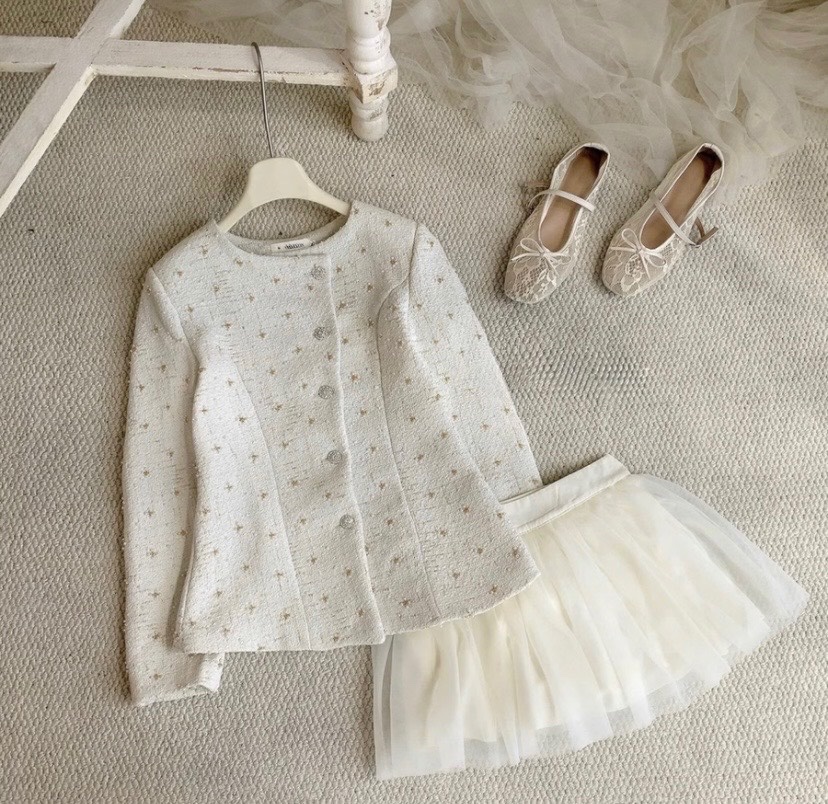 Thanh lý Pass set áo dạ tweed phối chân váy xòe màu trắng kem QCCC - About Moon - QCCC - ảnh 2
