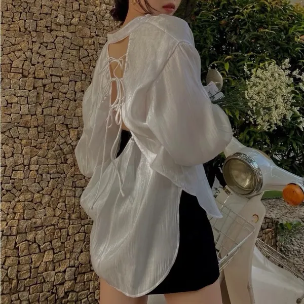 Pass áo sơ mi trắng hở lưng organza lụa ESMEE