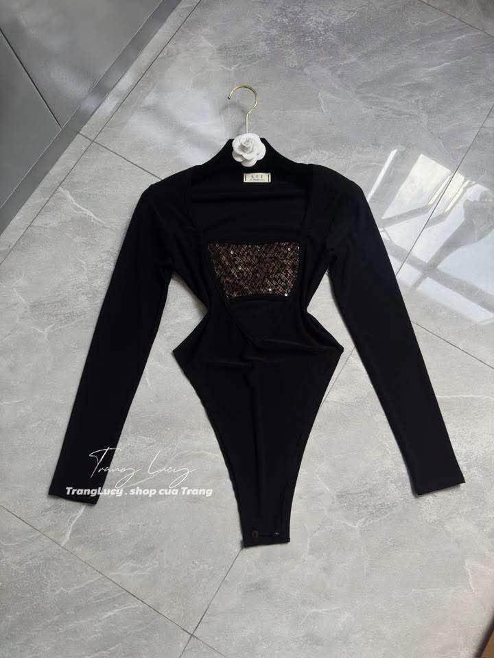 Thanh lý Pass áo bodysuit tay dài đen phối lót da beo Trang Lucy - ảnh 2
