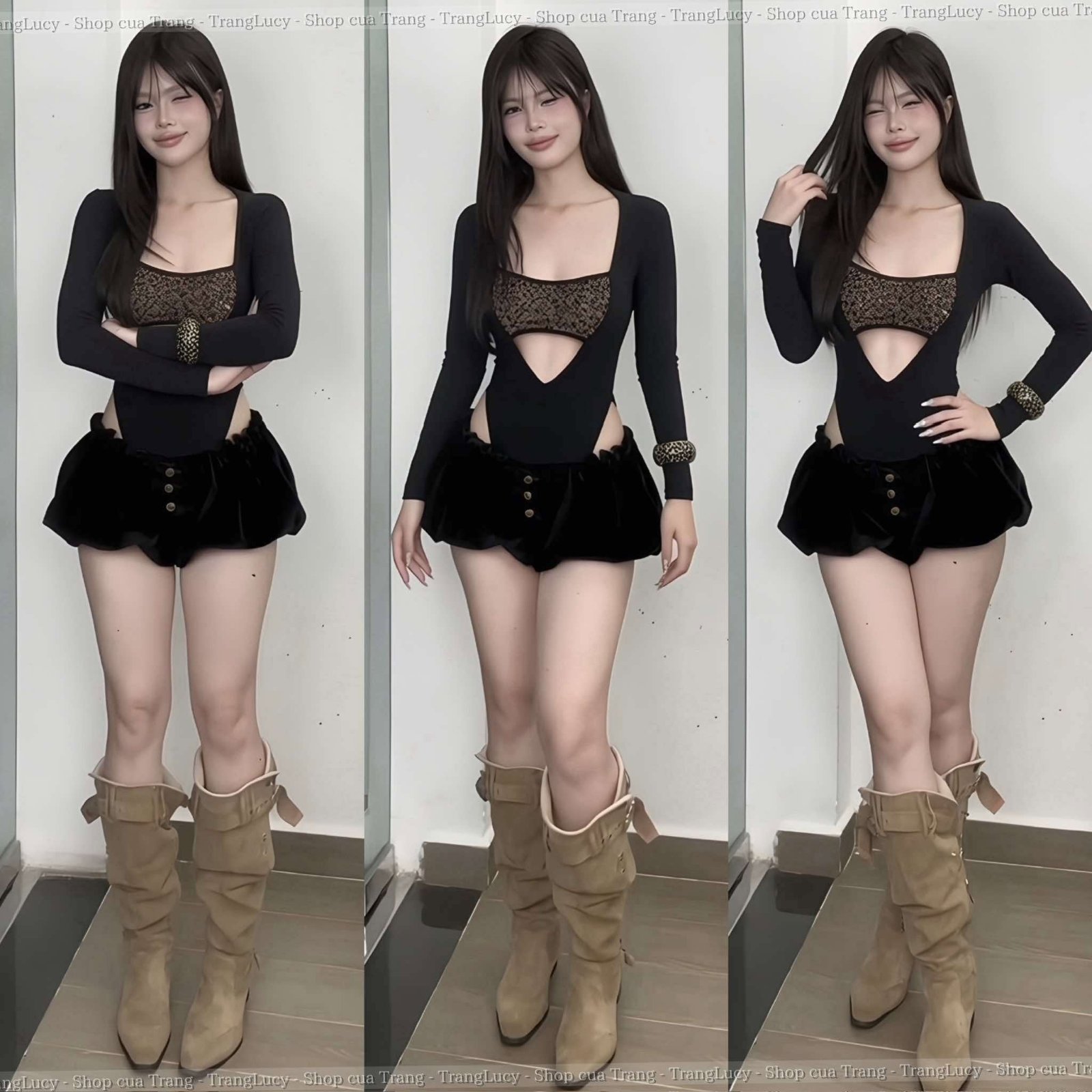 Thanh lý Pass áo bodysuit tay dài đen phối lót da beo Trang Lucy - ảnh 1